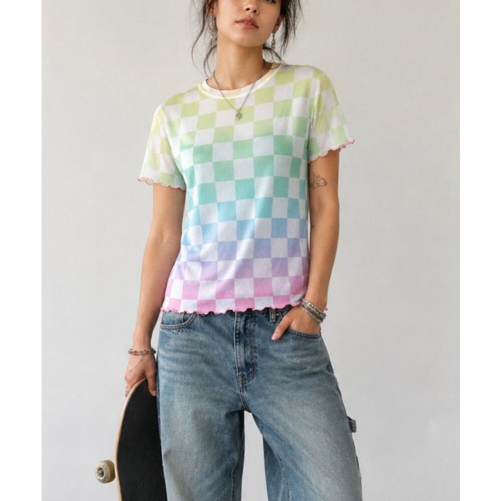 Ragstock Sheer Pastel Checkerboard Mesh Baby Tee Y2K Fairy Skater festival M